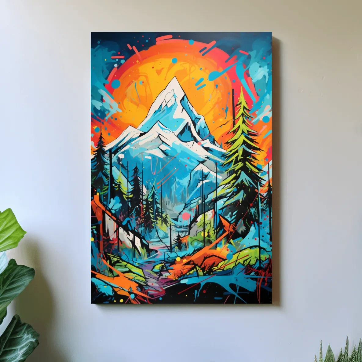 Graffitti inspired art of sunset over a glacier, vibrant wall art