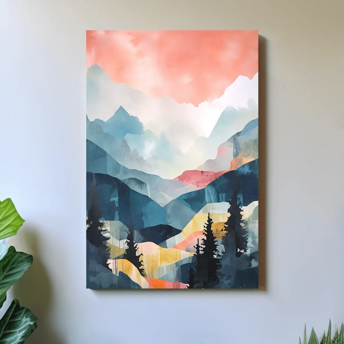 Abstract pastel painting - mountains and trees at sunset