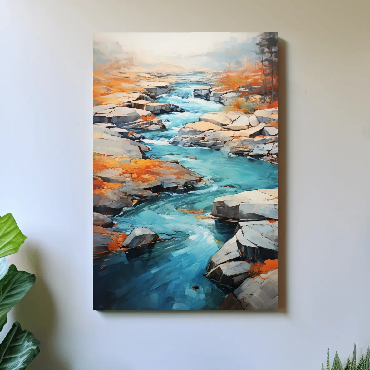 Serene painting of a river flowing through the rocks in fall