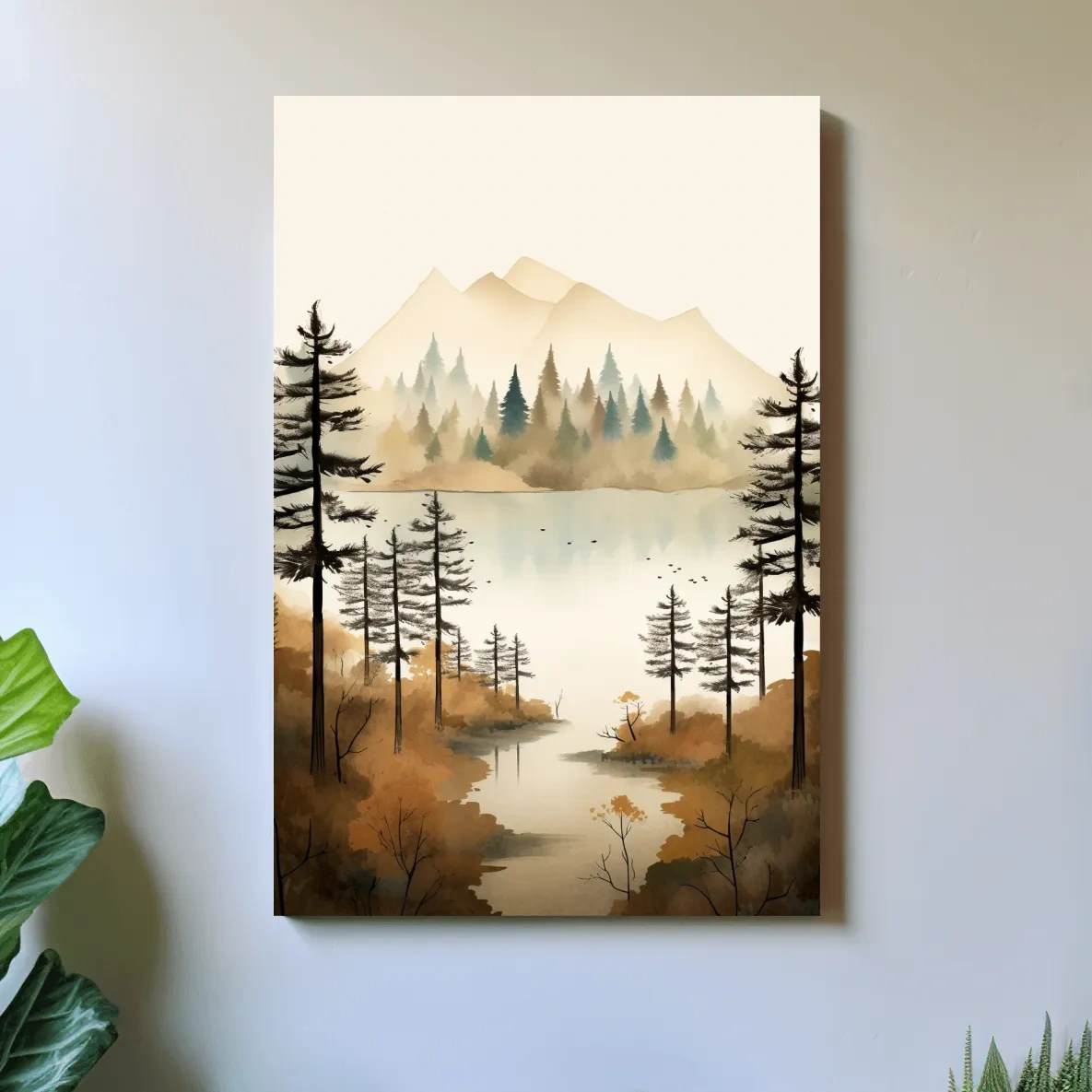 Watercolour landscape art, lakeside forest scenery in fall