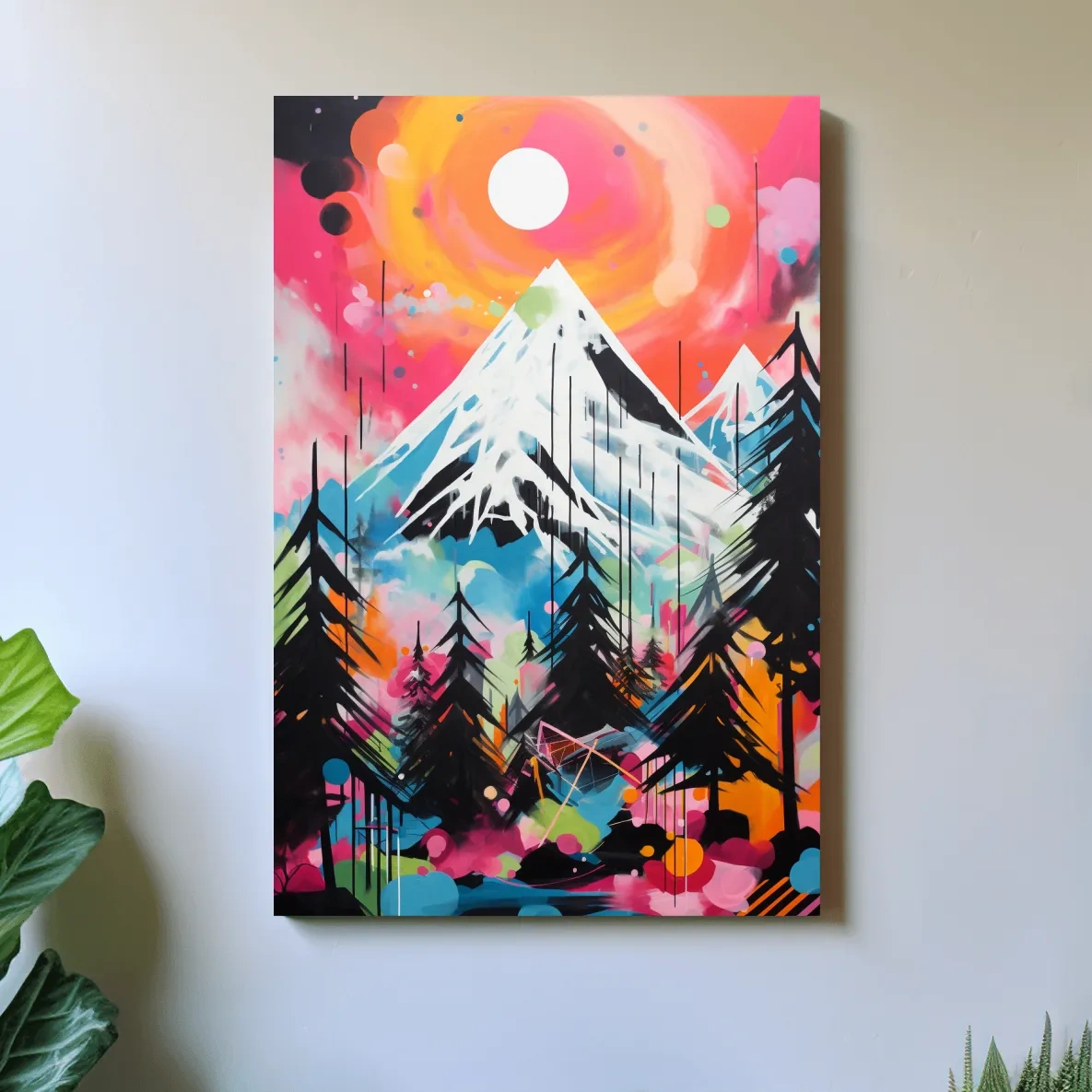 Vibrant energetic arcylic painting, glacier at sunset