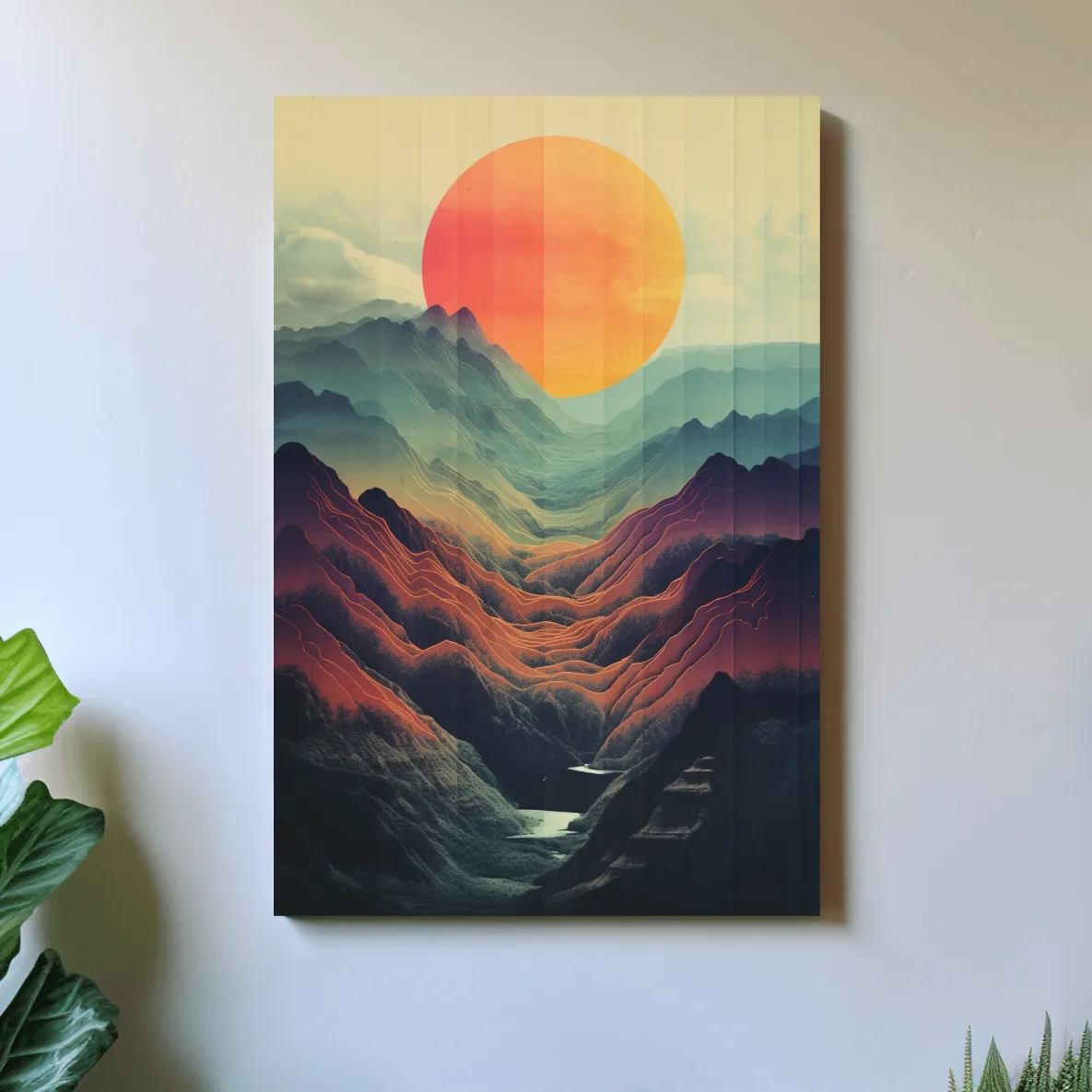 Illustrative art of a layered mountainous valley at sunset