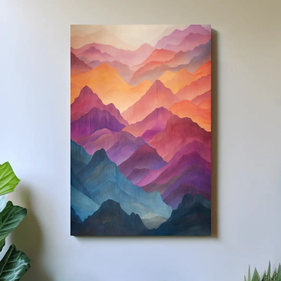 Vibrant colourful mountain range patterns, watercolour style illustration