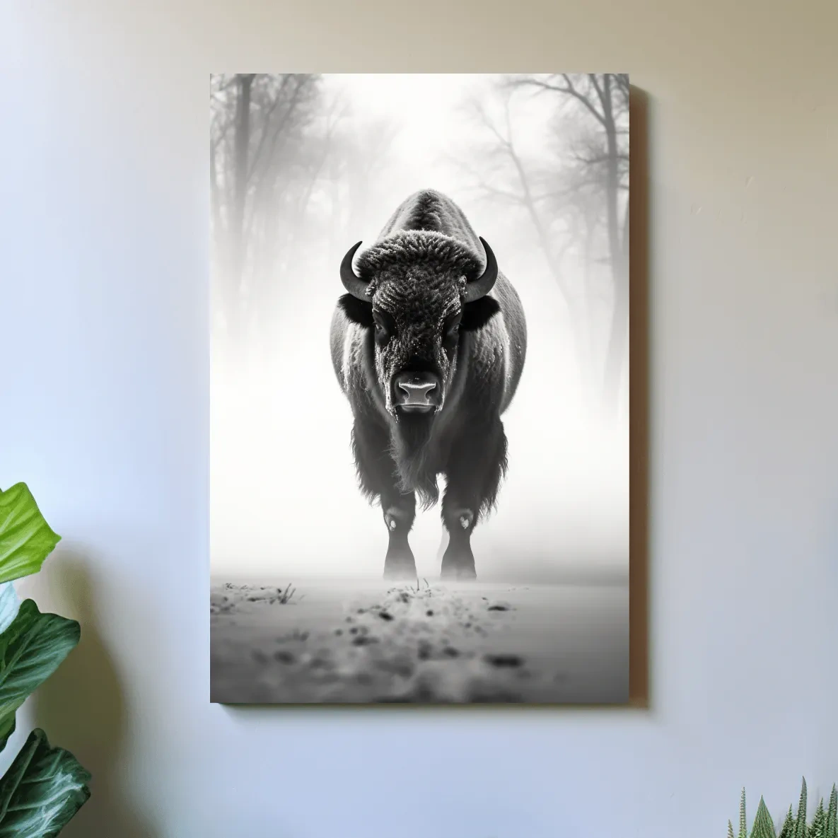 Black and white photo of a bison walking on snow
