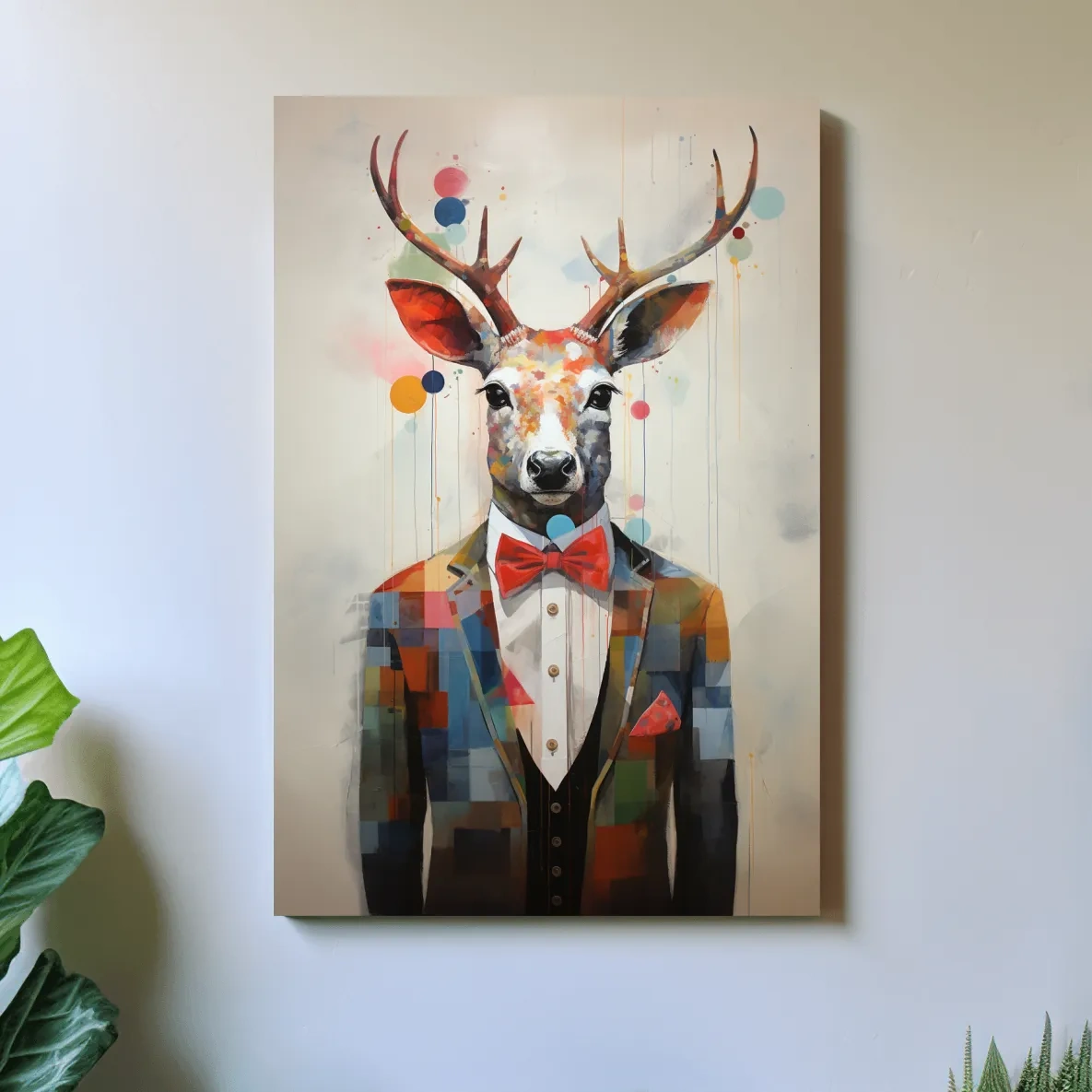 A collage style painting of a deer in a tuxedo