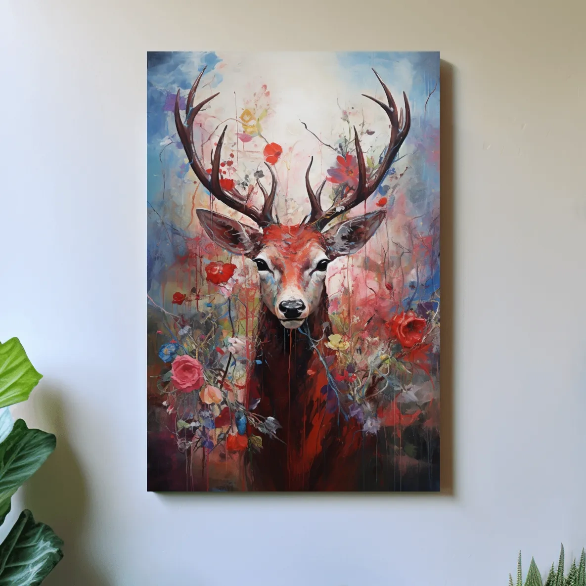 Floral painting of a deer, vibrant wall art