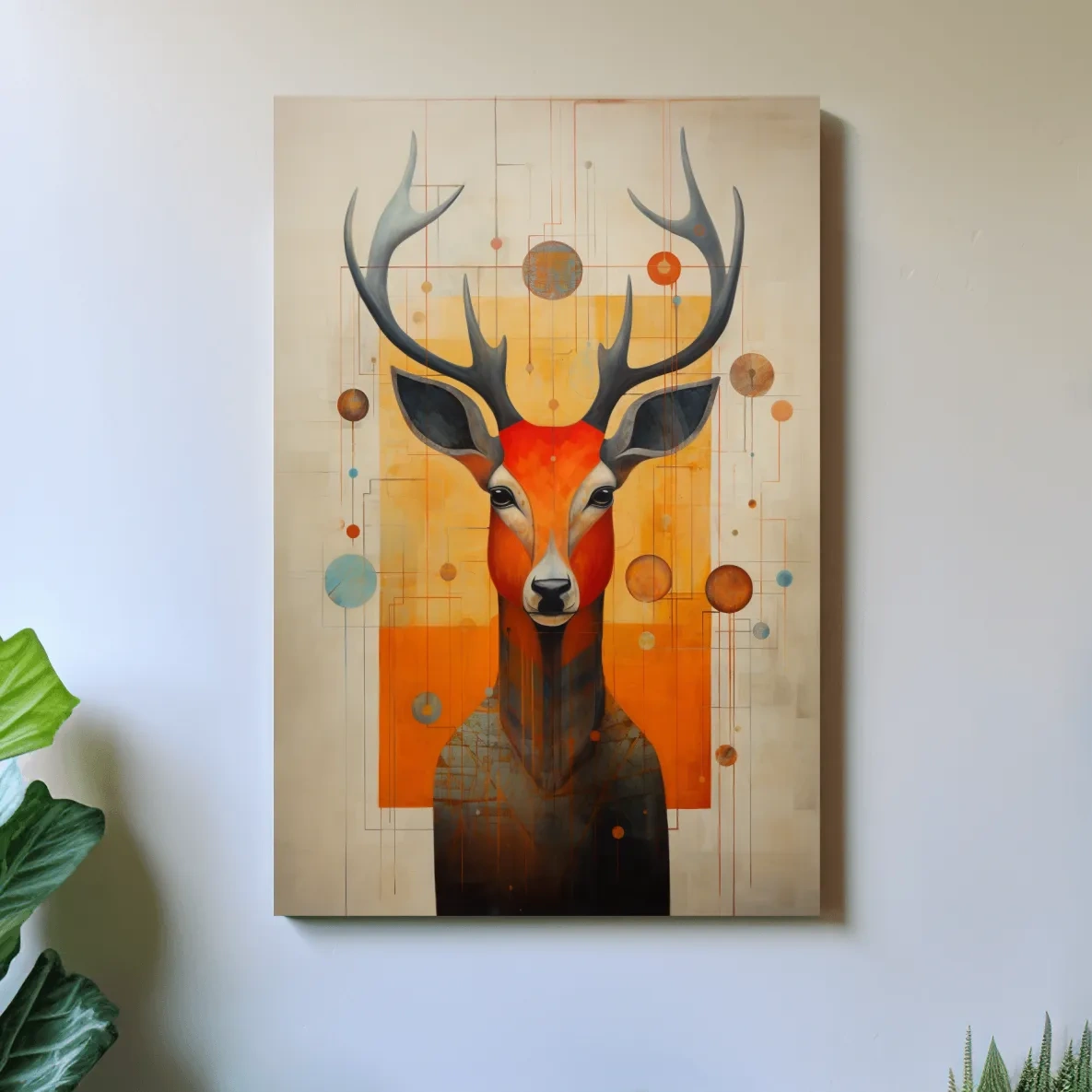 Mid Century Abstract Stag Portrait Painting - Quirky Wildlife Wall Art