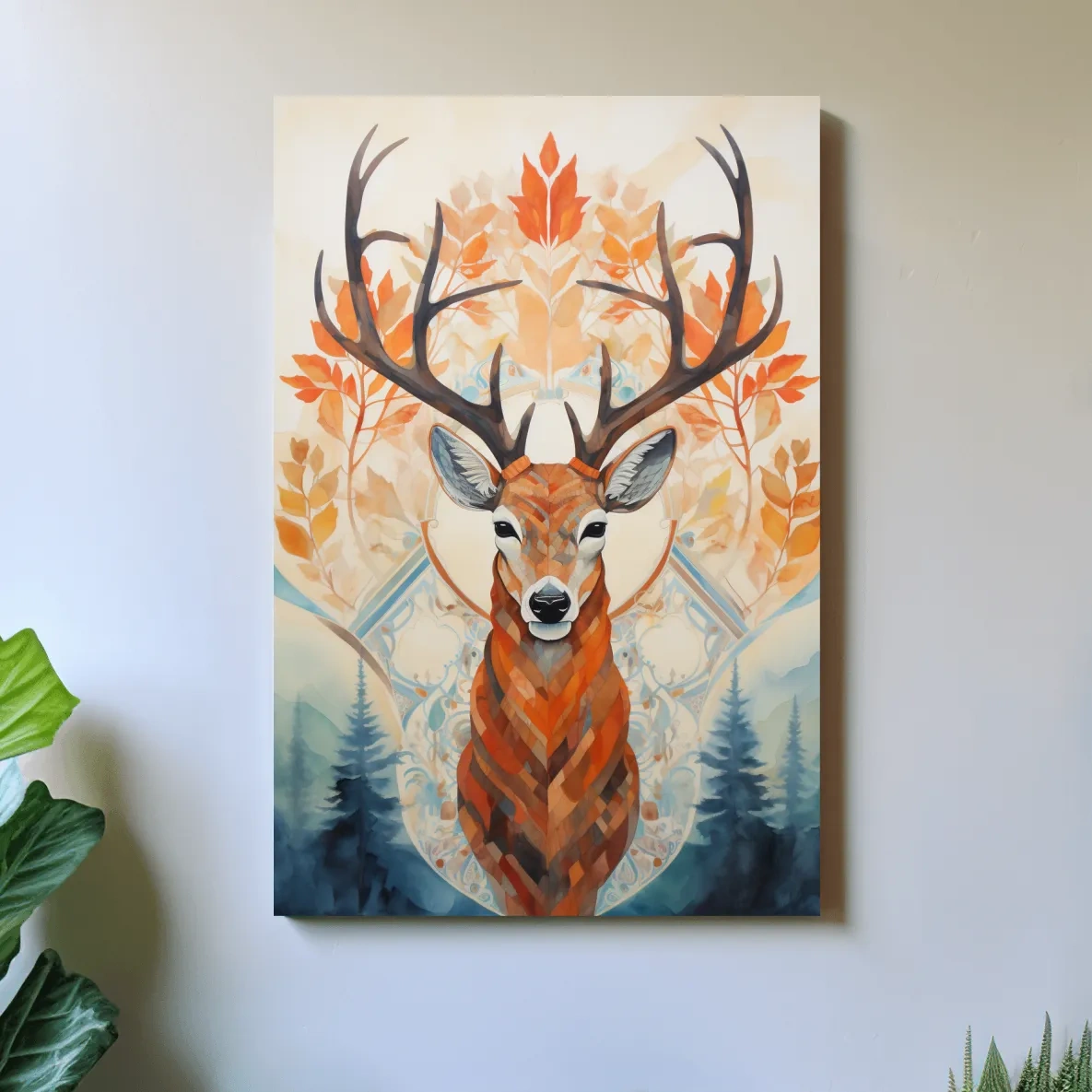 Ornate Stag Deer Watercolor Portrait - Autumn Woodland Wildlife Wall Art