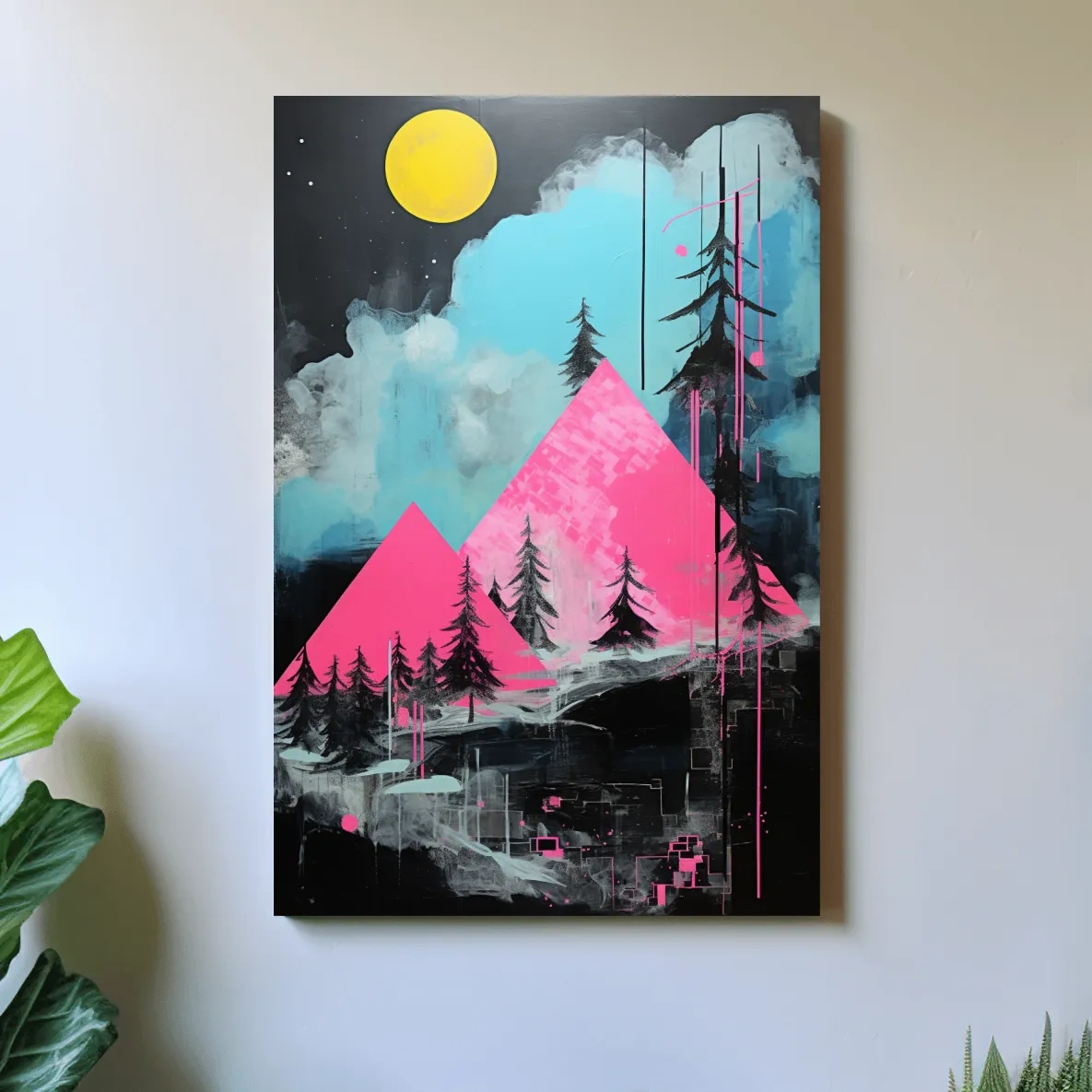 Pink and black acrylic painting, triangular abstract mountains