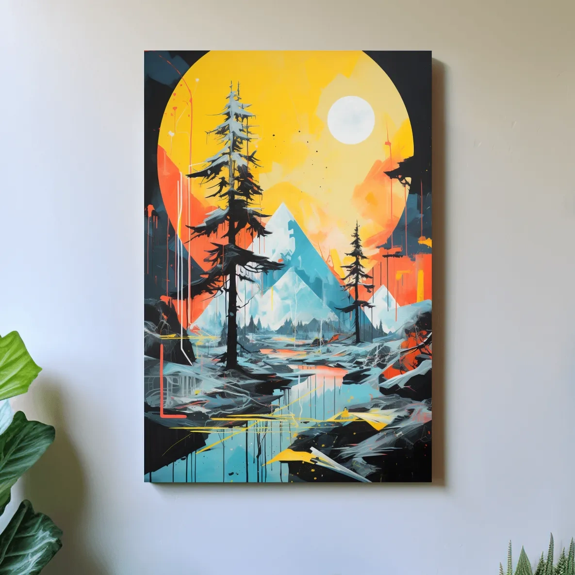 Vibrant Abstract Mountain Lake Sunset Painting - Modern Geometric Pine Forest Wall Art