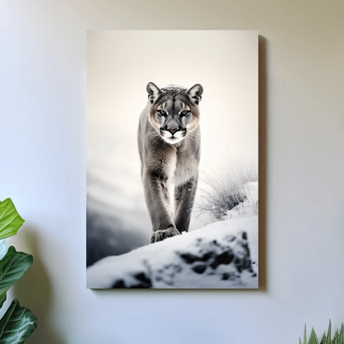 Photograph of a mountain lion walking in snow