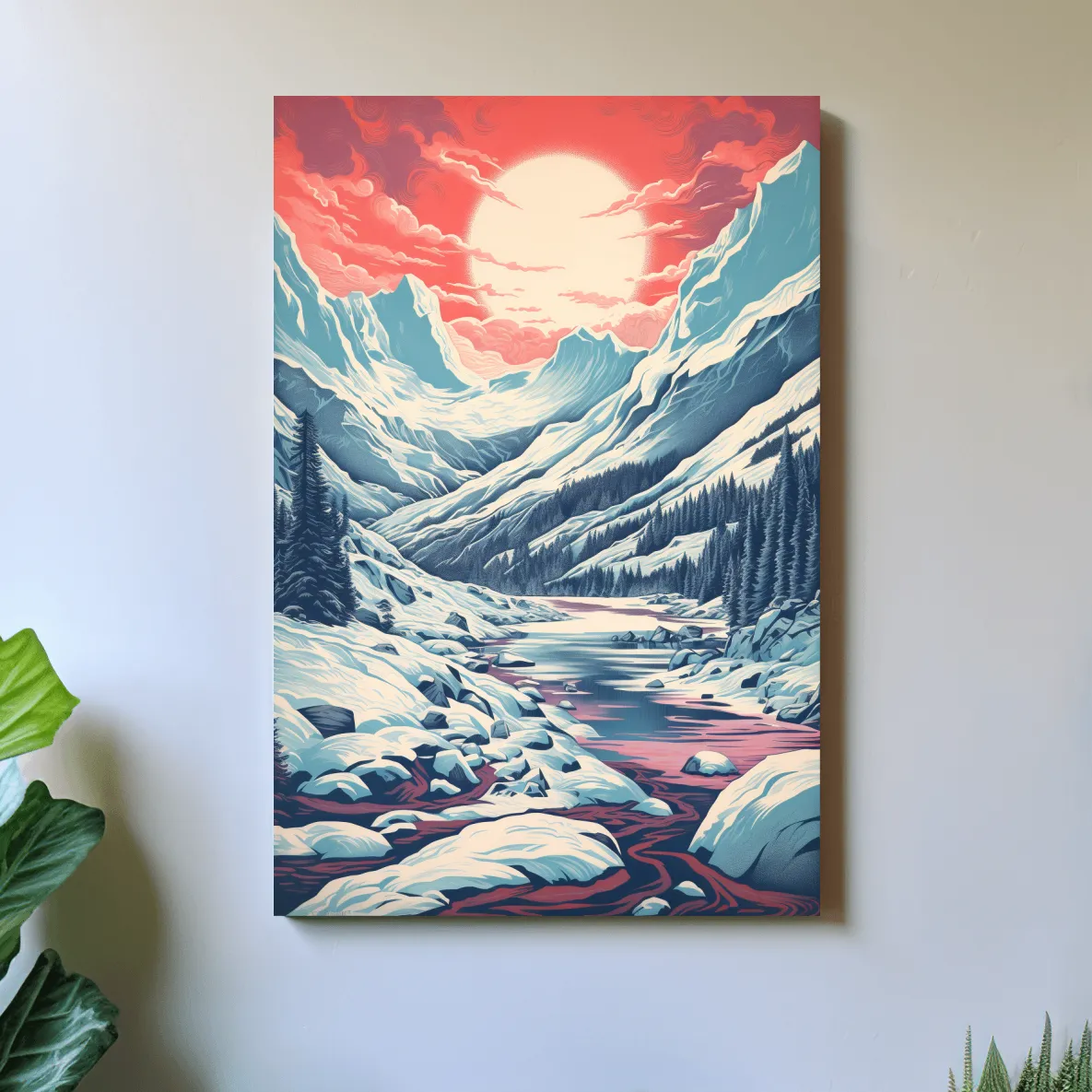 Illustration of an arctic valley at sunset