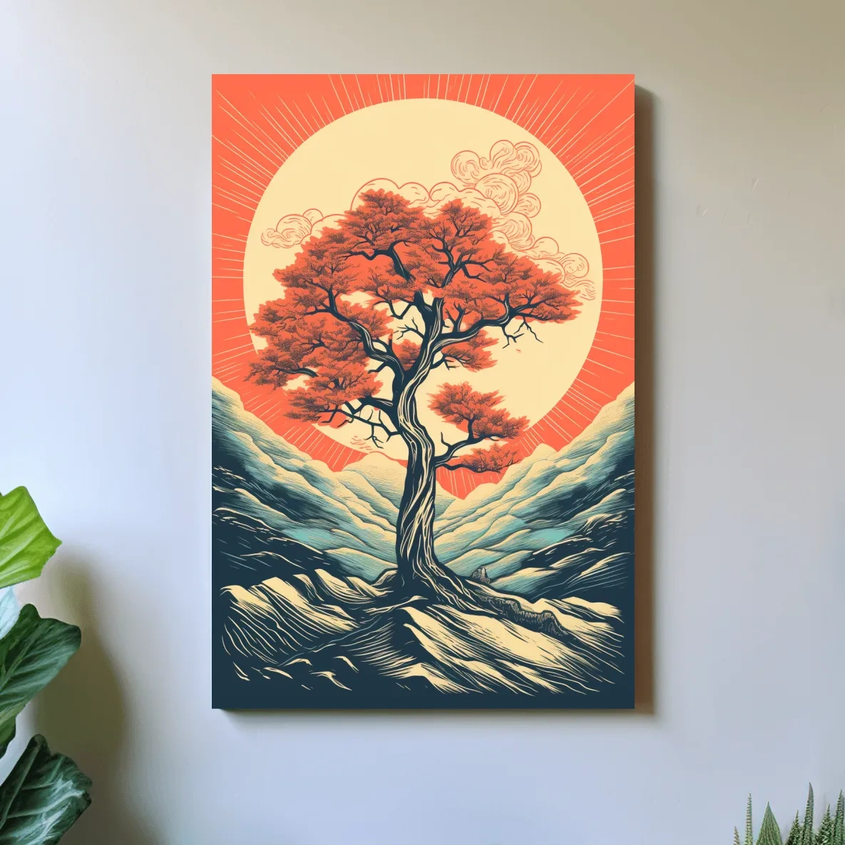 Dynamic vector illustration wall art poster of a tree at sunset