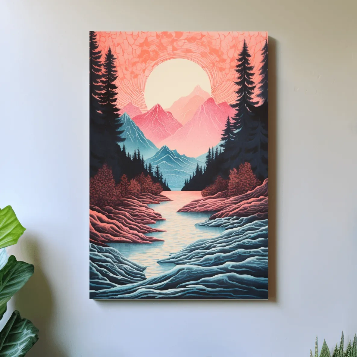 Risograph style illustration of an alpine valley at sunset