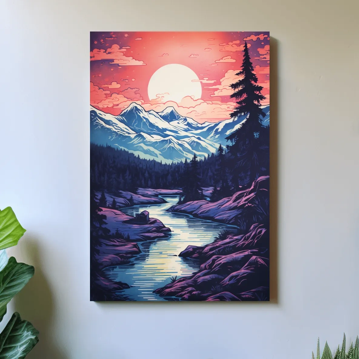 Surreal illustration of sunset over a glacier alpine scene