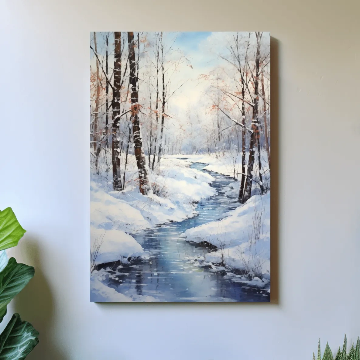 Oil painting of a stream running through a winter scene