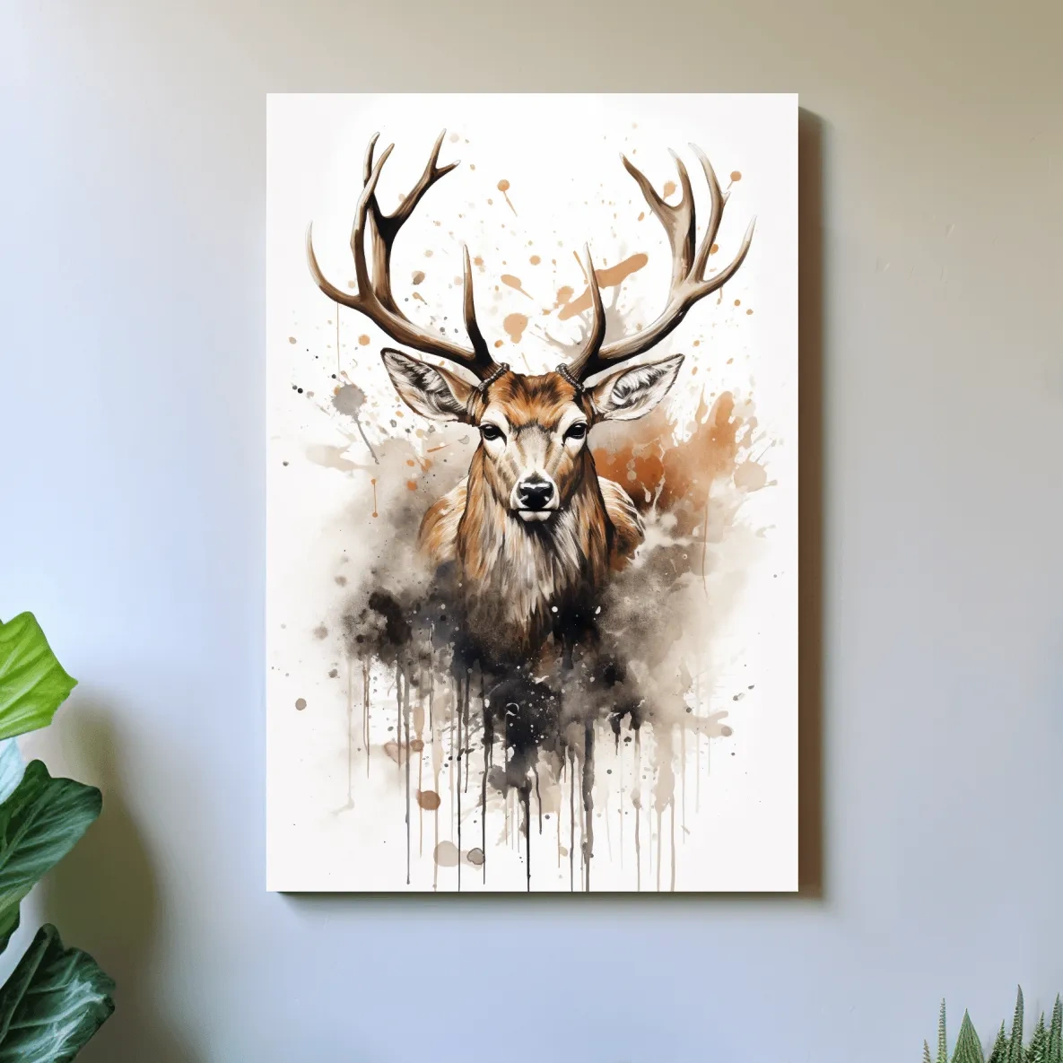 Splattered watercolour painting of a deers head
