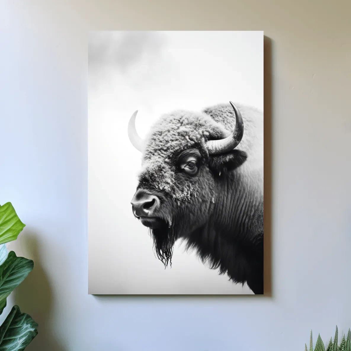Moody Black And White Bison Portrait - Minimalist Photographic Wildlife Wall Art