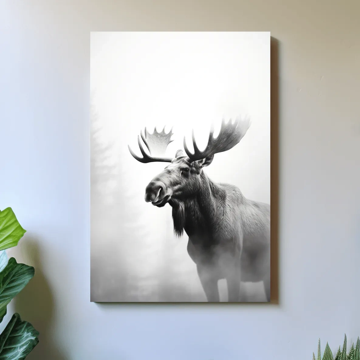 High contrast black and white photograph art of a large moose