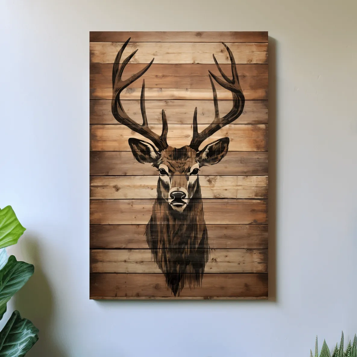 Wood burning art, deer head on wooden panels