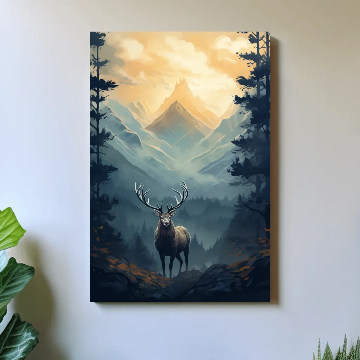 Serene illustration of a majestic deer in the forest at sunset