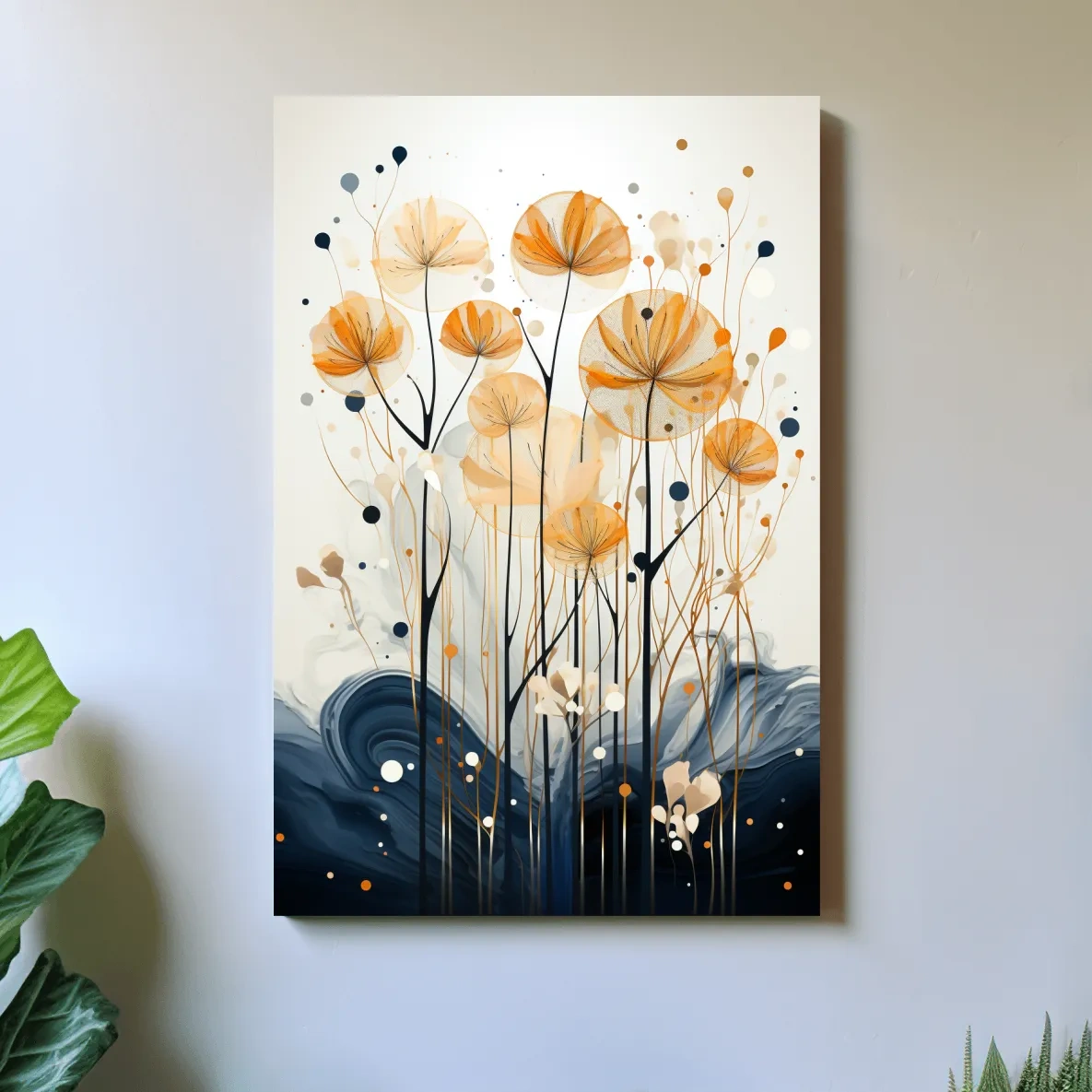 Abstract Golden Wildflower Ink Wash - Botanical Boho Wall Art
