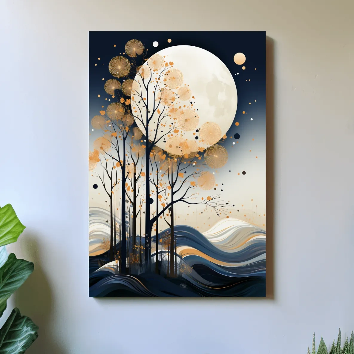 Abstract Moonlit Forest Silhouette - Elegant Boho Landscape Wall Art