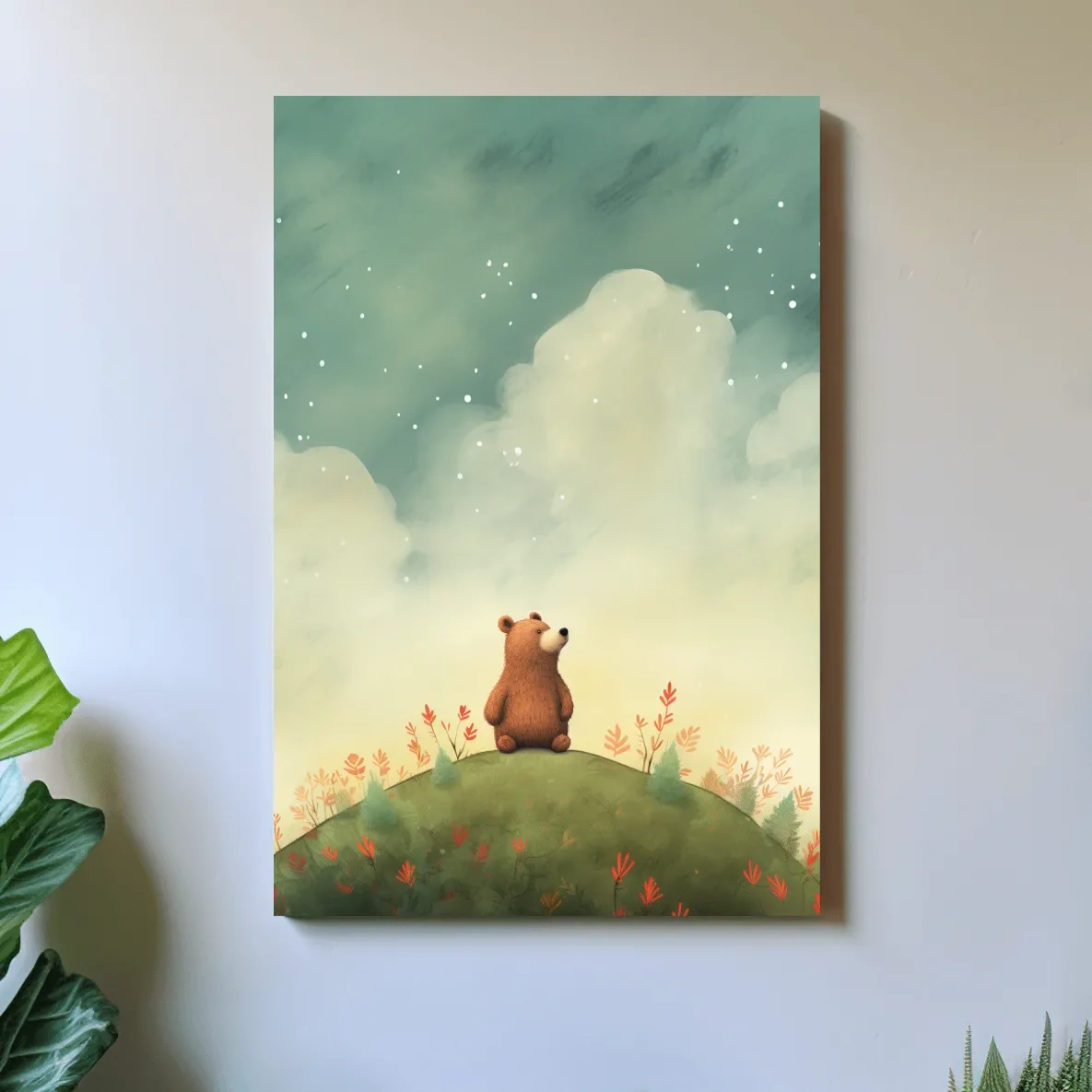 Nursery artwork, illustration of a cute happy bear gazing into the night sky
