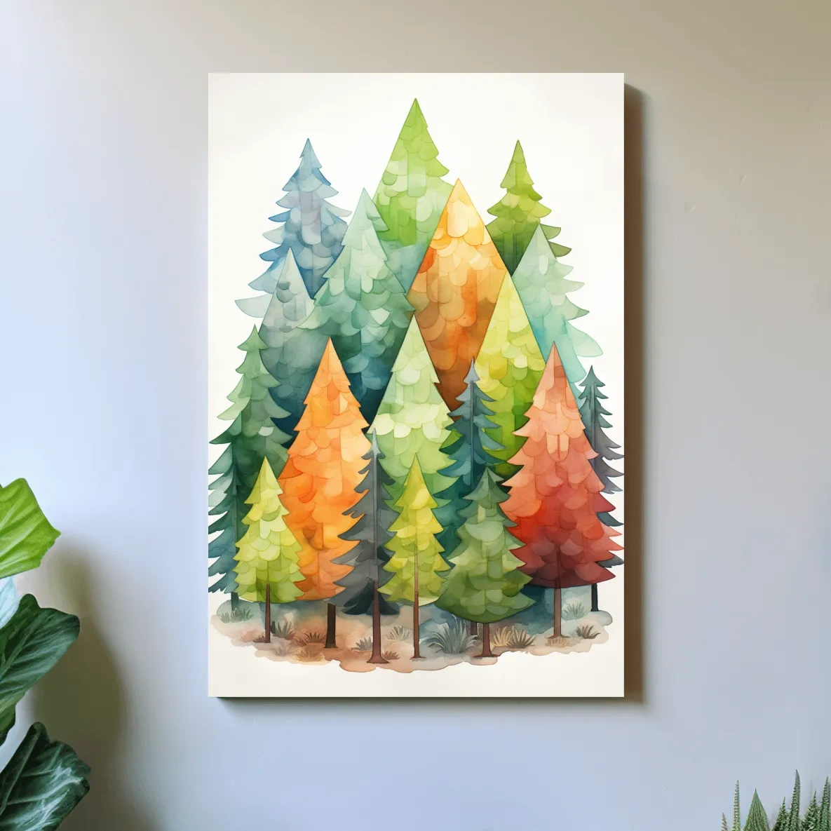 Watercolour painting of a colourful forest