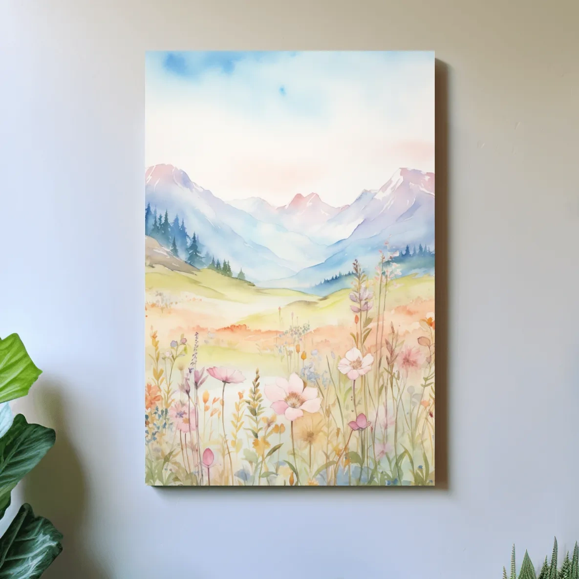Watercolour painting of pastel flowers in the alpine meadows, floral artwork