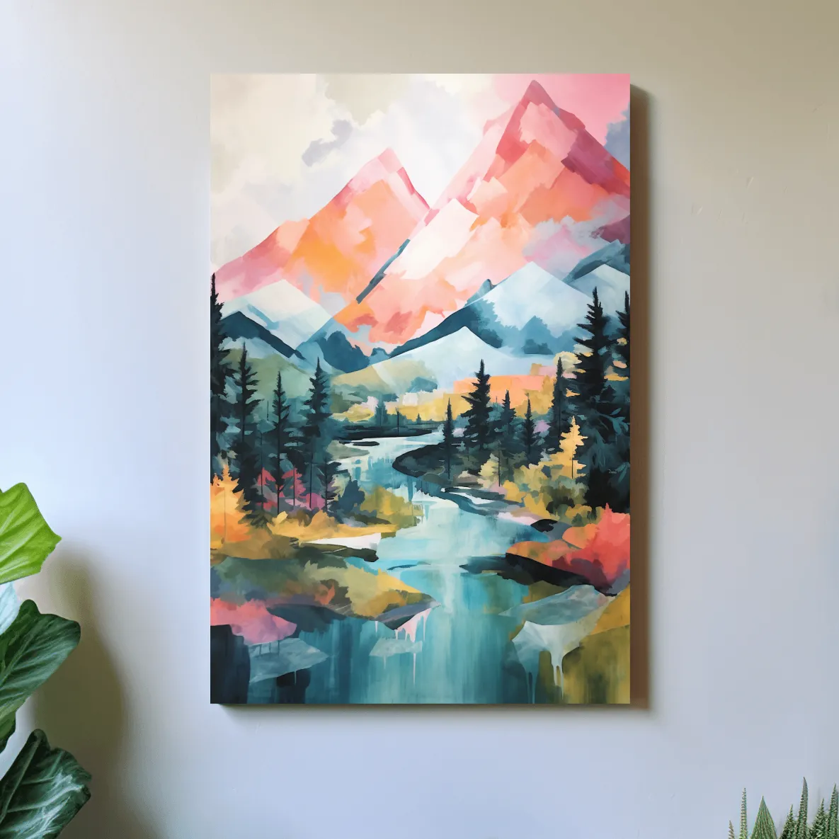 Vibrant Mountain River Landscape Painting - Colorful Alpine Forest Wall Art