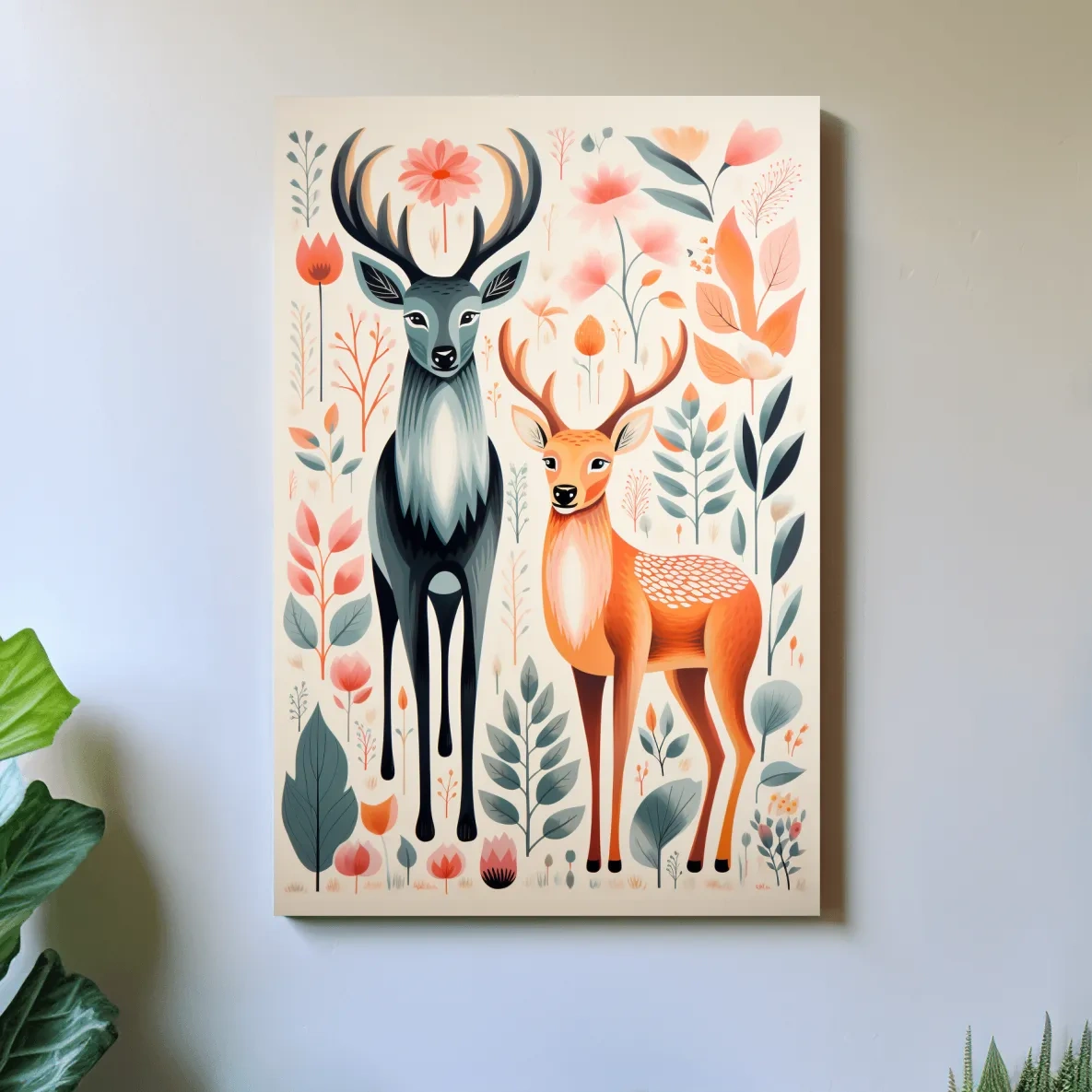 Flat colour vector print of deers and foliage, folk art style