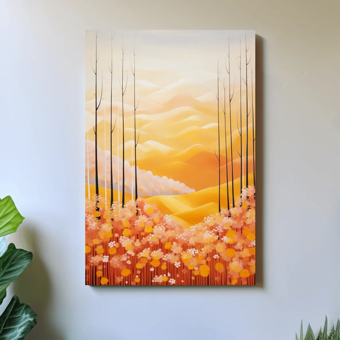 Storybook style illustration art of flowers, mountains and a forest in fall
