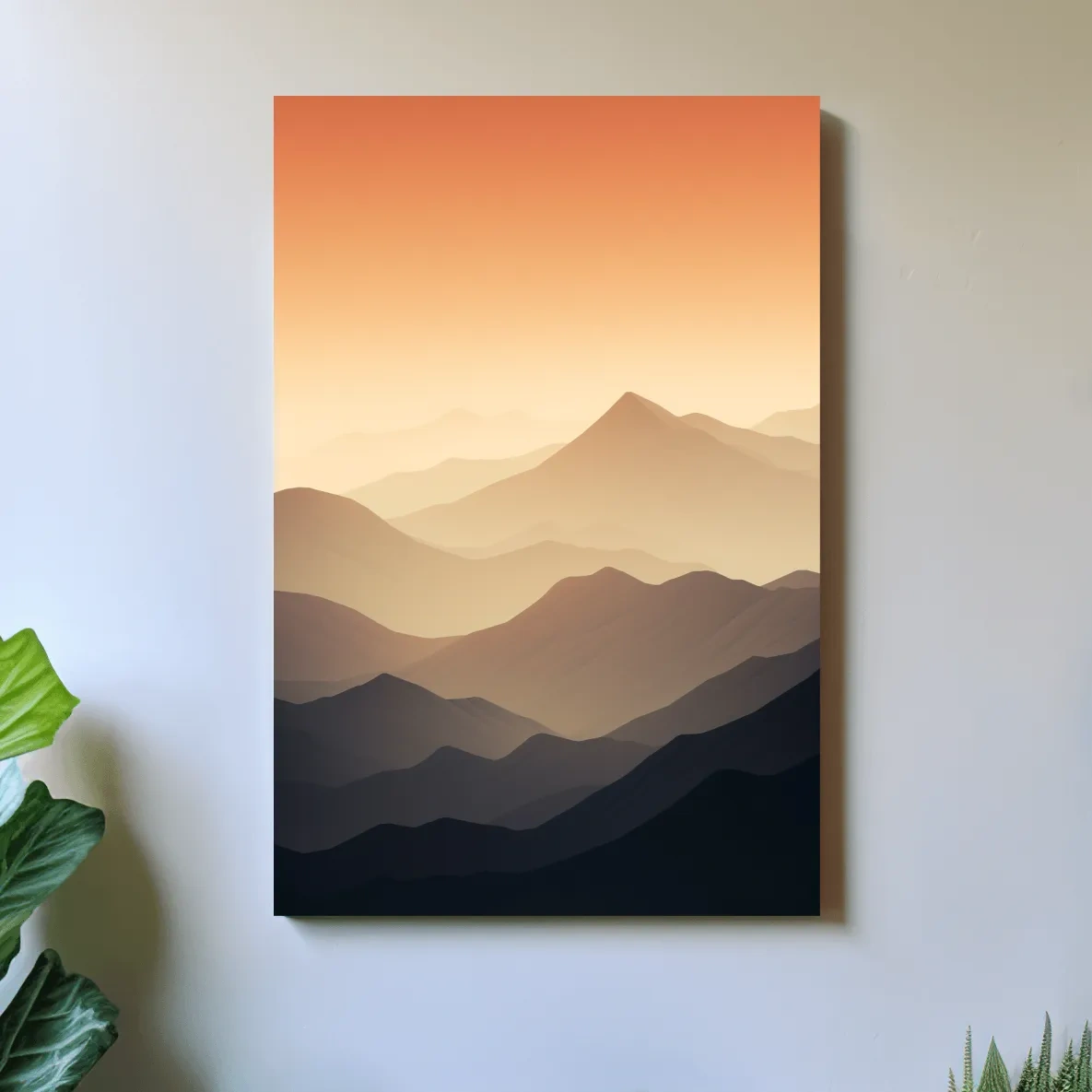 Subtle mountain sunset artwork, ridgelines fading into the sky