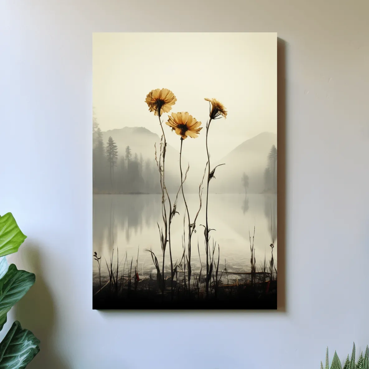 Wildflower Misty Lake Landscape - Minimalist Botanical Wall Art