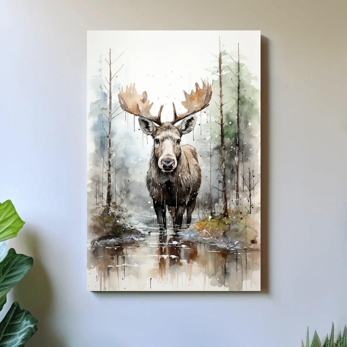 Watercolor painting of a moose in a forest lake