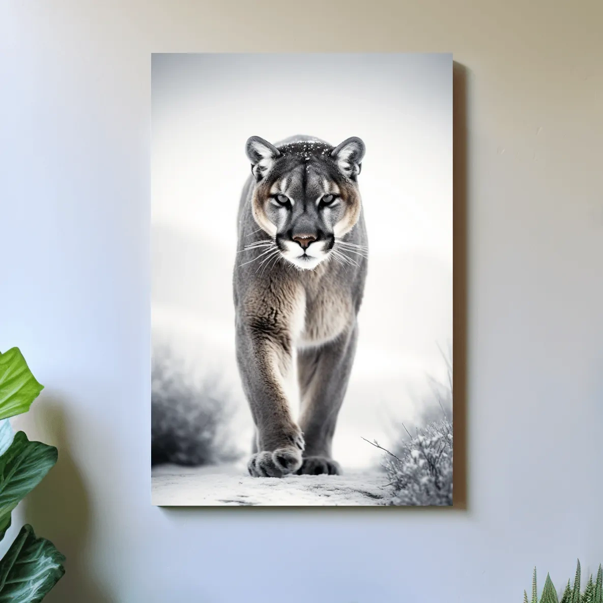 Photograph of a mountain lion walking in snow