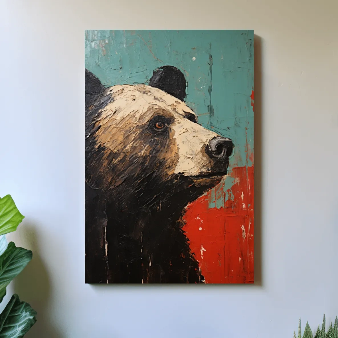 Rustic impasto style painting of a black bears head