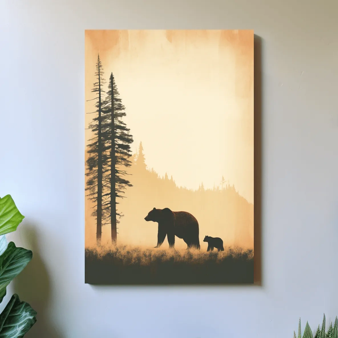 Grizzly Bear And Cub Silhouettes - Misty Forest Minimalist Wall Art