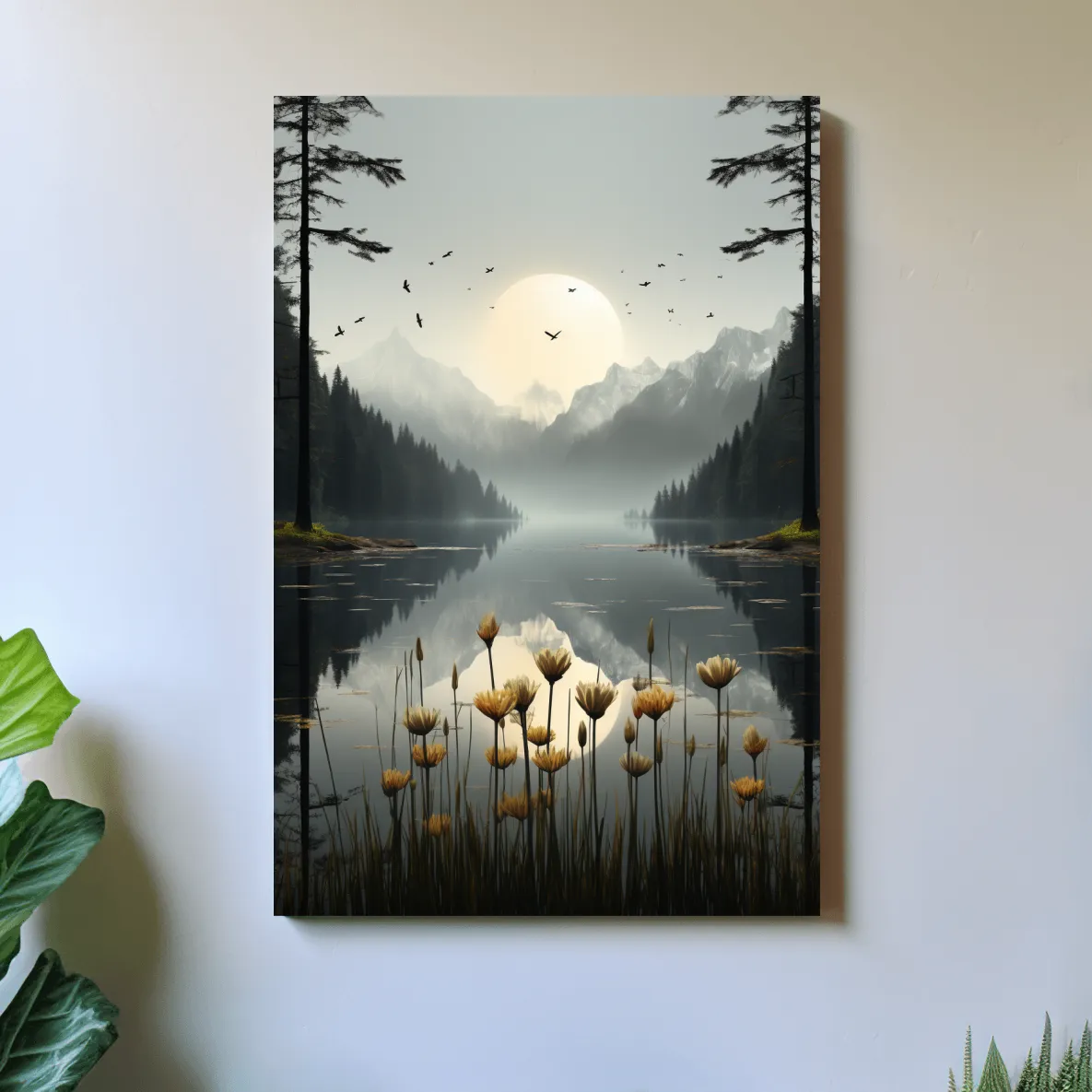 Flowers on the misty alpine lake shore, photographic illustration