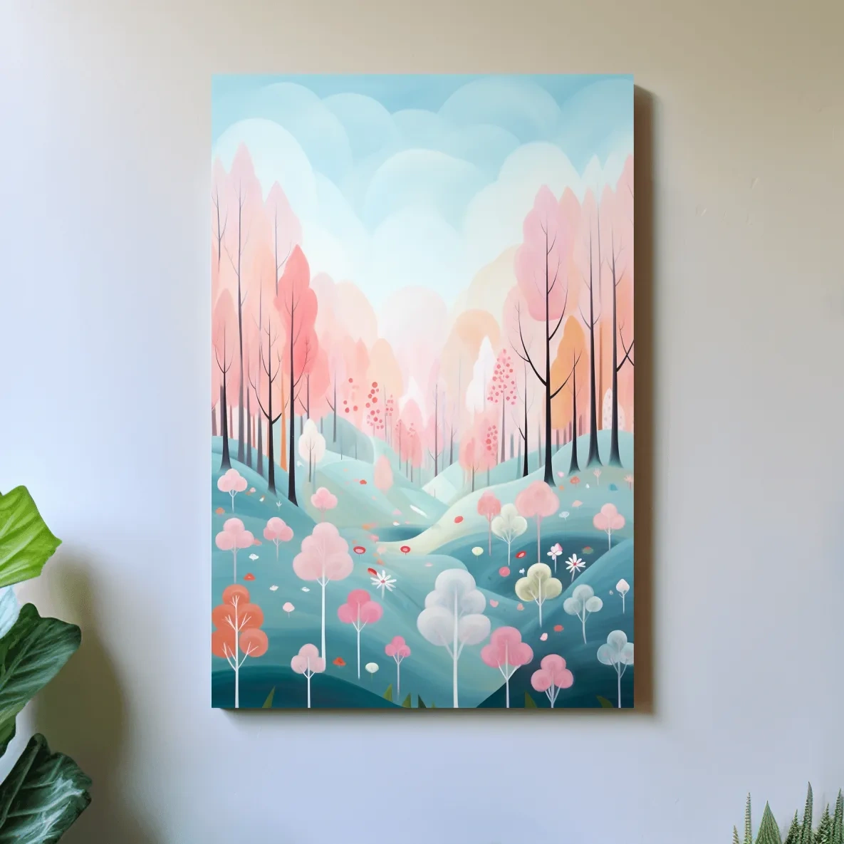Pastel painting of a colorful dreamy forest