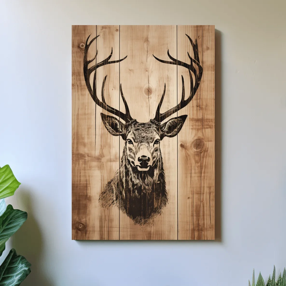 Wood burning style art, deer head on wooden panels