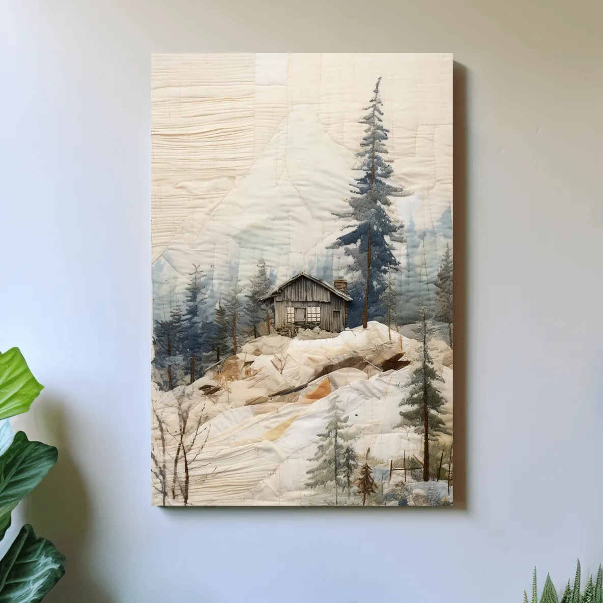 Cabin in the alpine forest, patchwork fabric style mountain wall art