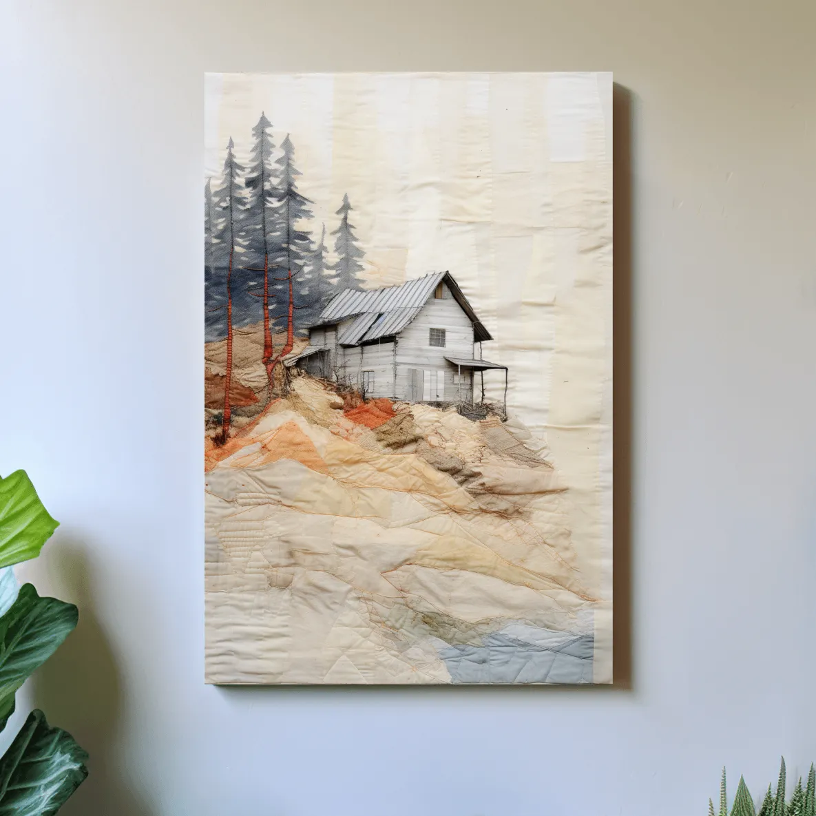Rustic cabin artwork, fabric patchwork style