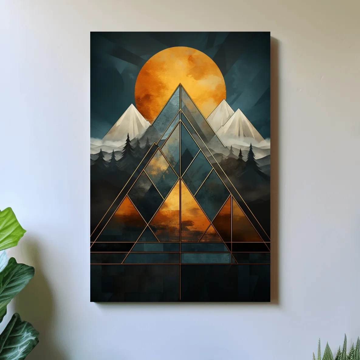 Leadlight style mountain artwork, sunset over glaciers and forest