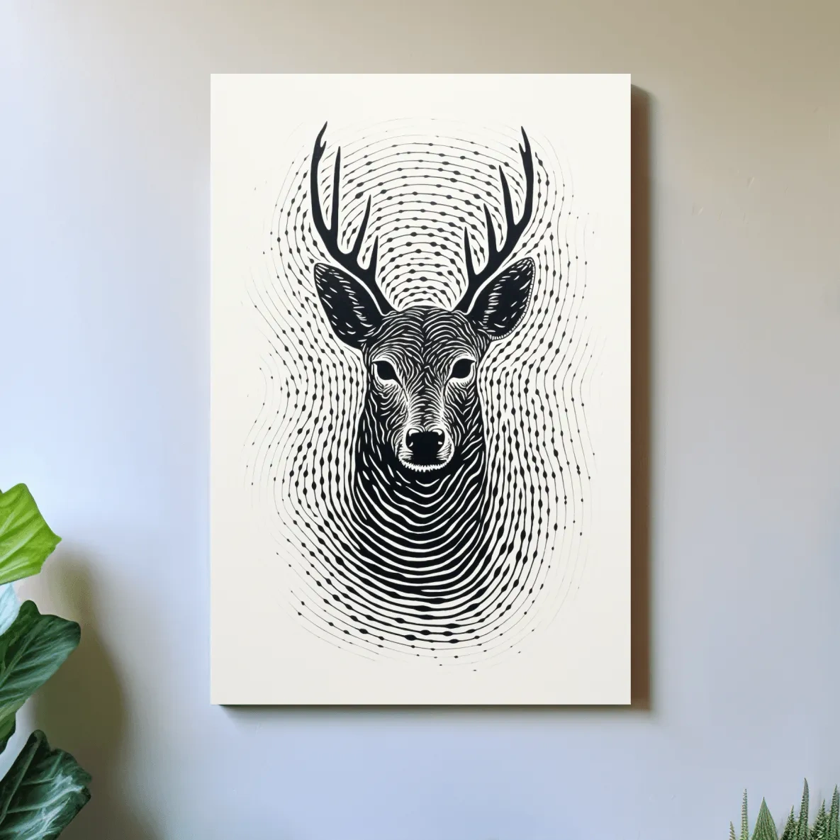 Psychedelic Deer Head Fingerprint Line Art - Black And White Wildlife Wall Art
