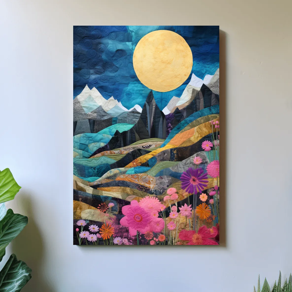 Handstitched patchwork style art, alpine flowers mountain artwork
