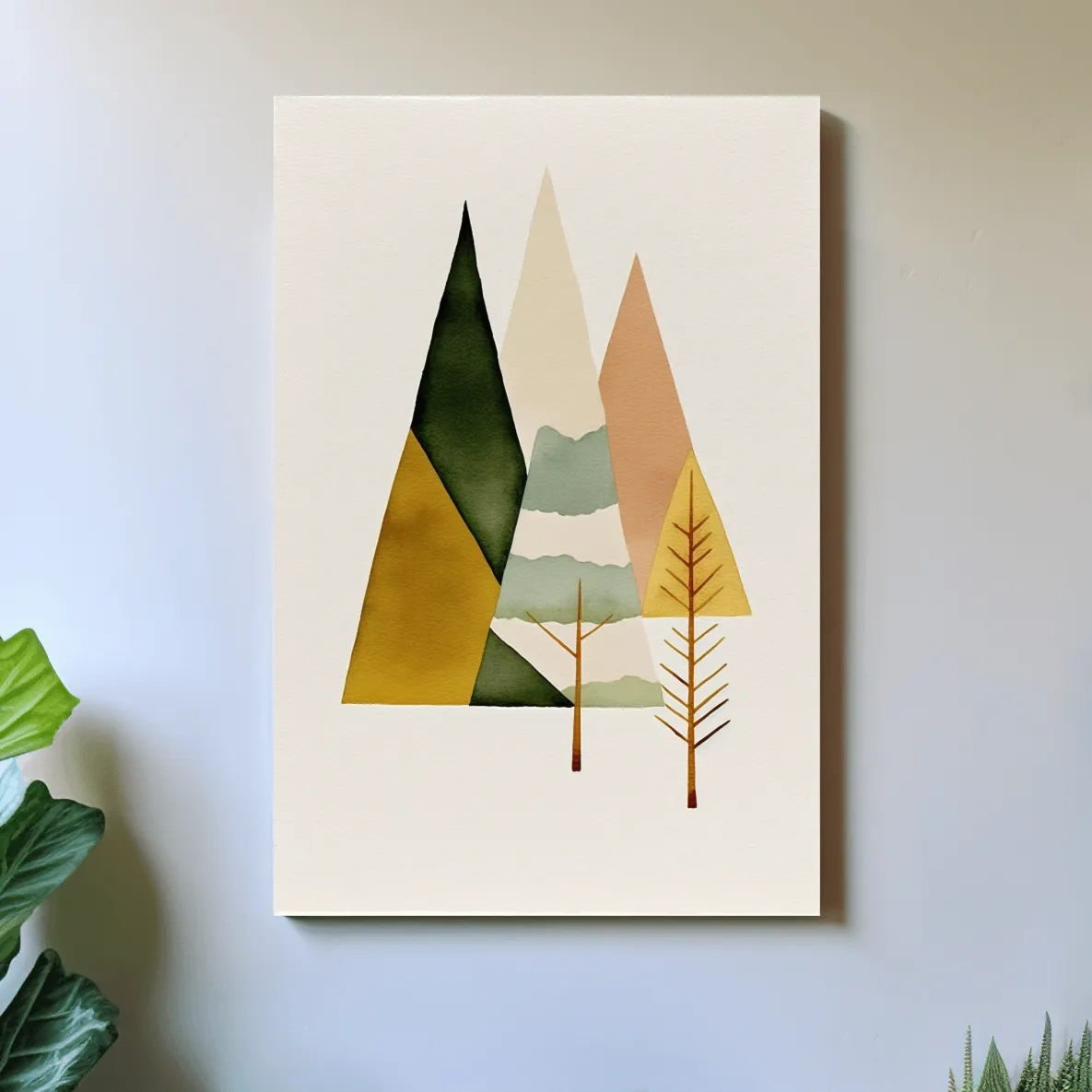 Minimalist Scandinavian Geometric Mountains - Modern Watercolor Forest Landscape Wall Art