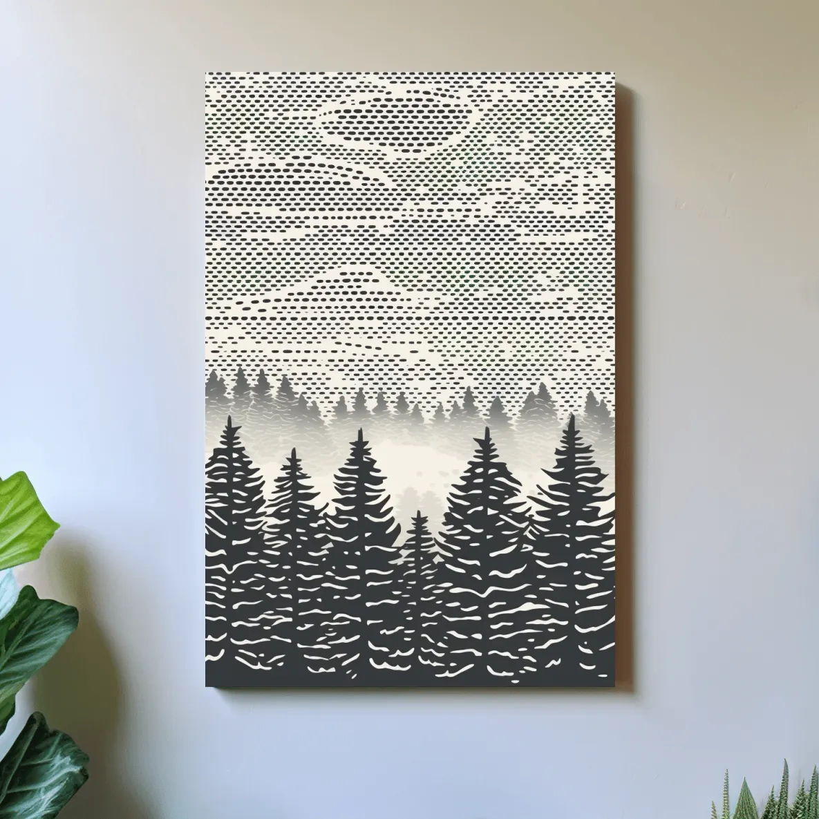 Black & white forest illustration art, dot pattern linocut style
