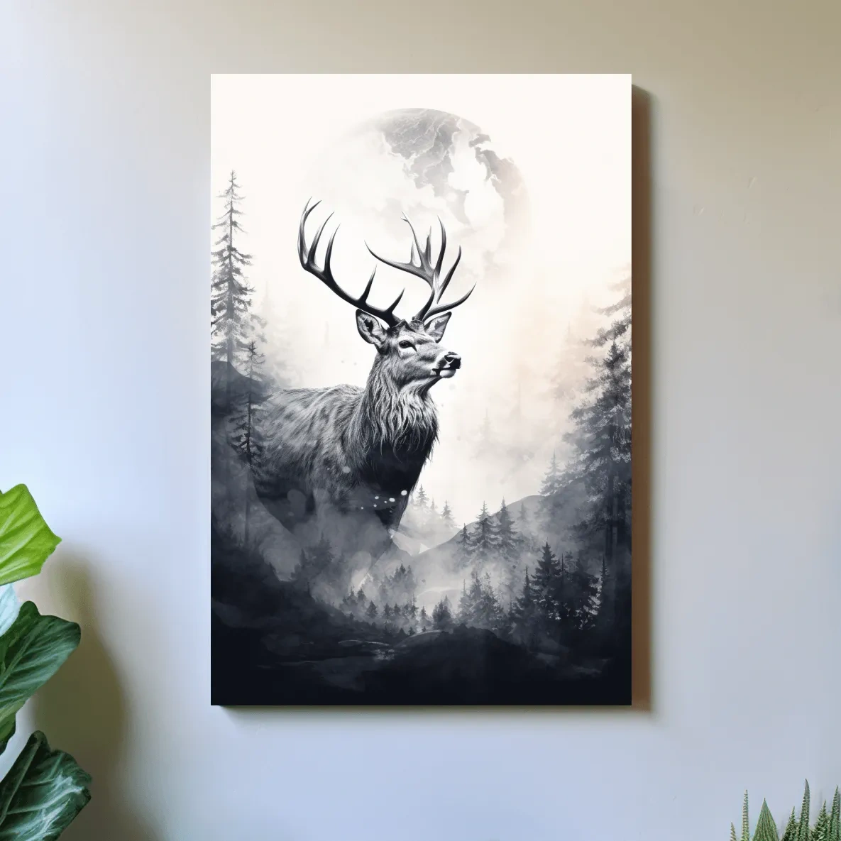 Majestic Stag In Misty Moonlit Forest - Double Exposure Wildlife Wall Art